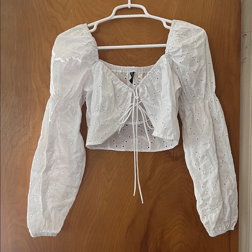 H&M White Eyelet Blouse with Puff Sleeves